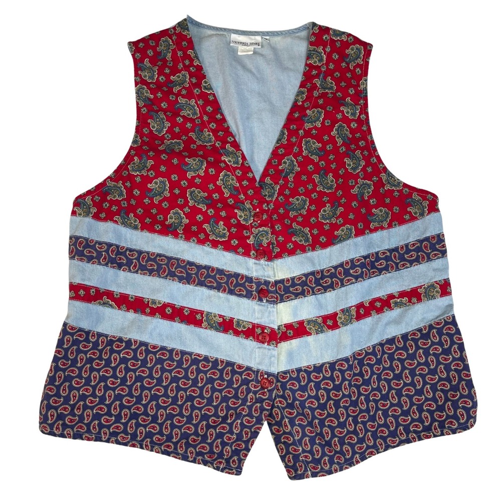 Victoria Jones Paisley Denim Patchwork Vest Red Blue Button Front‎ Tie Back M